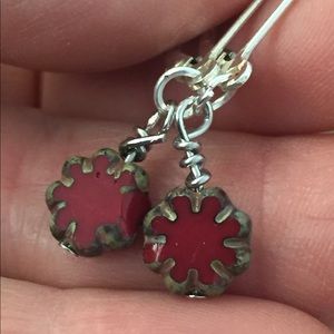 Red Glass Flower Earrings Czech Beads
